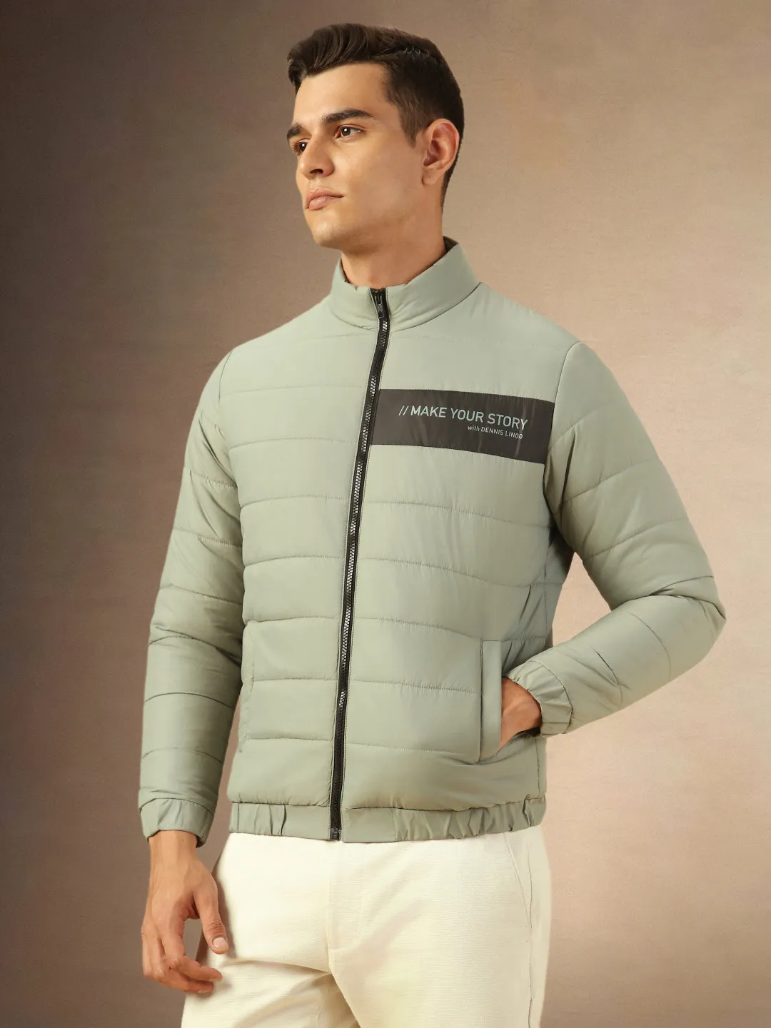 Men's Green Mock Neck Full Sleeves Puffer Jacket