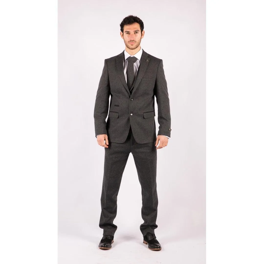 Mens Grey Black 3 Piece Tweed Suit Herringbone Wool Vintage Retro