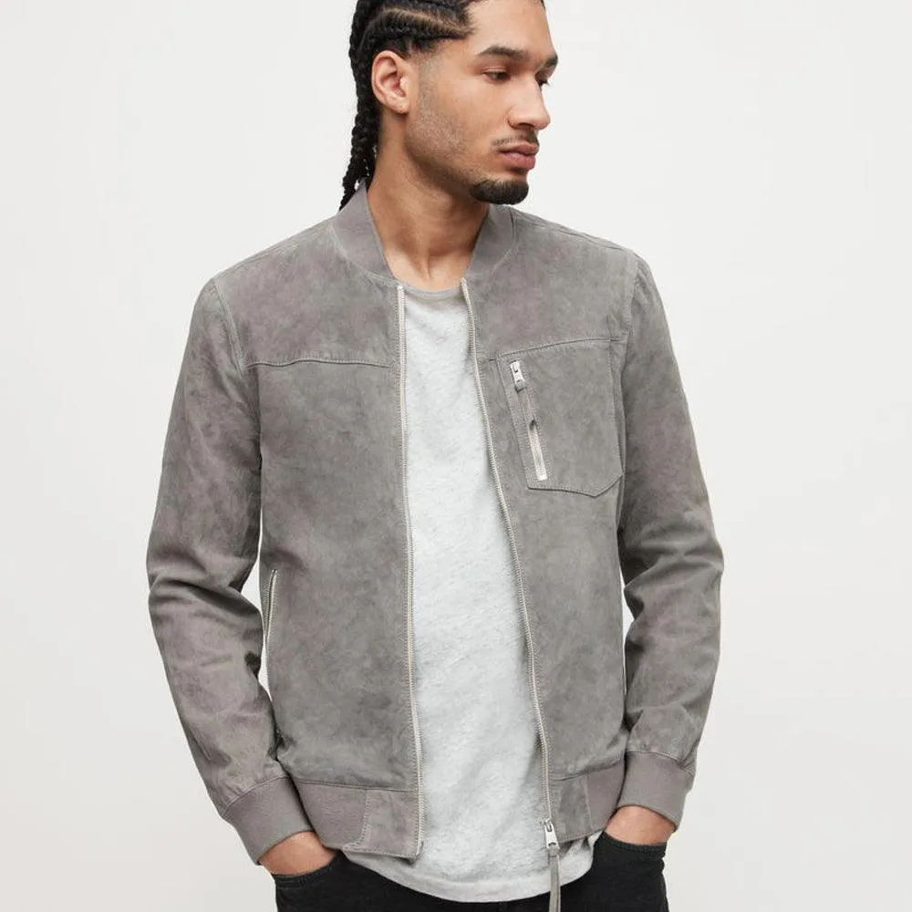 Men's Grey Suede Bomber Jacket