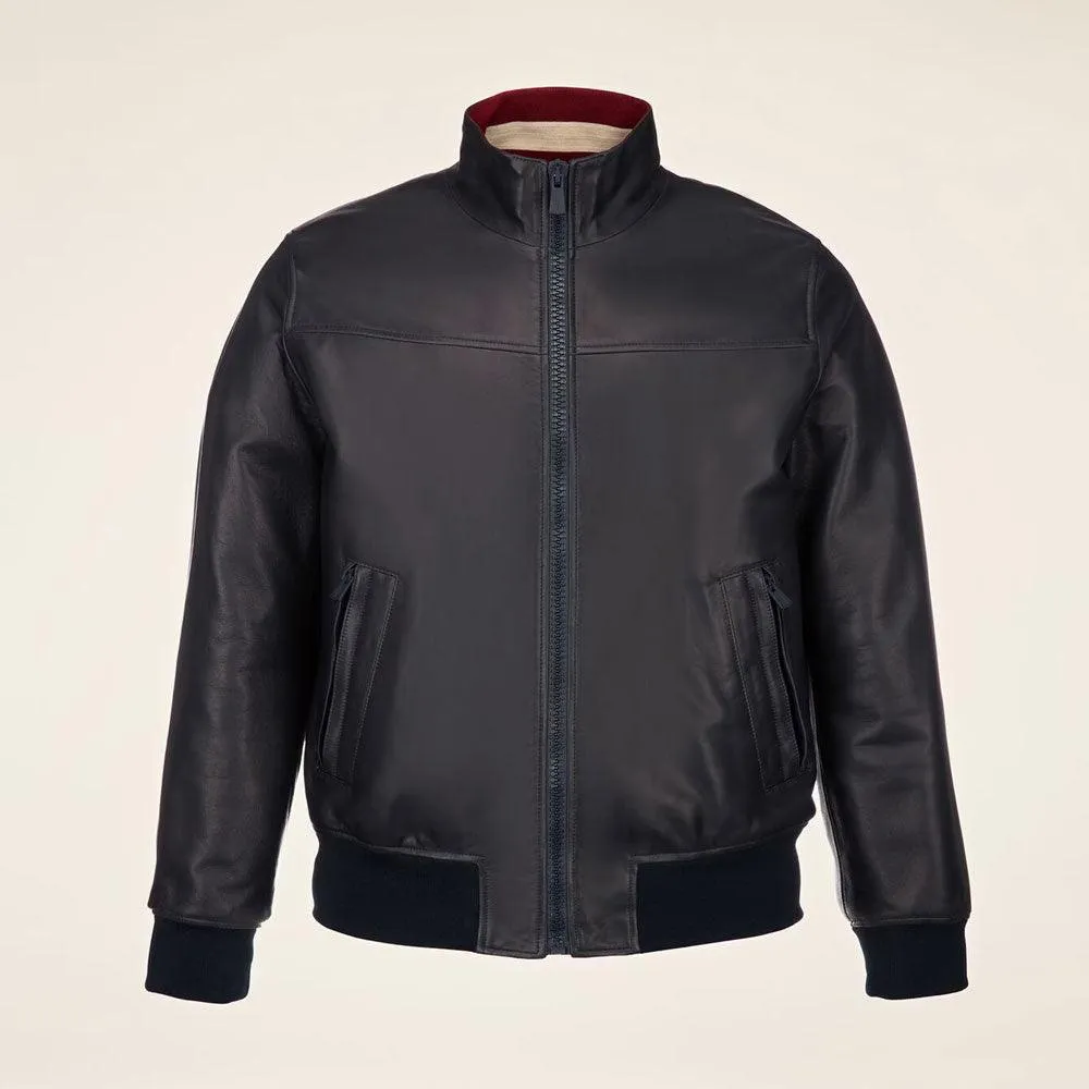 Men's Shinny Black Leather Bomber Jacket