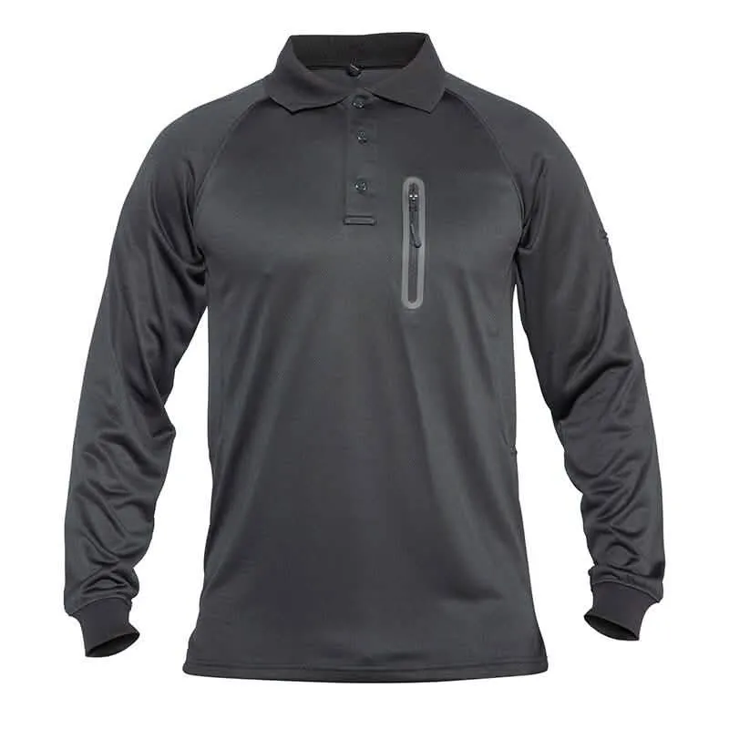 Men's Tactical Long Sleeve Polo Shirt with Functional Zipper Pockets for Active Lifestyle and Outdoor Sports