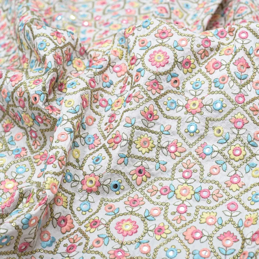 Multi Colour All Over Floral Work Embroidery On White Dyeable Dupion Silk Fabric