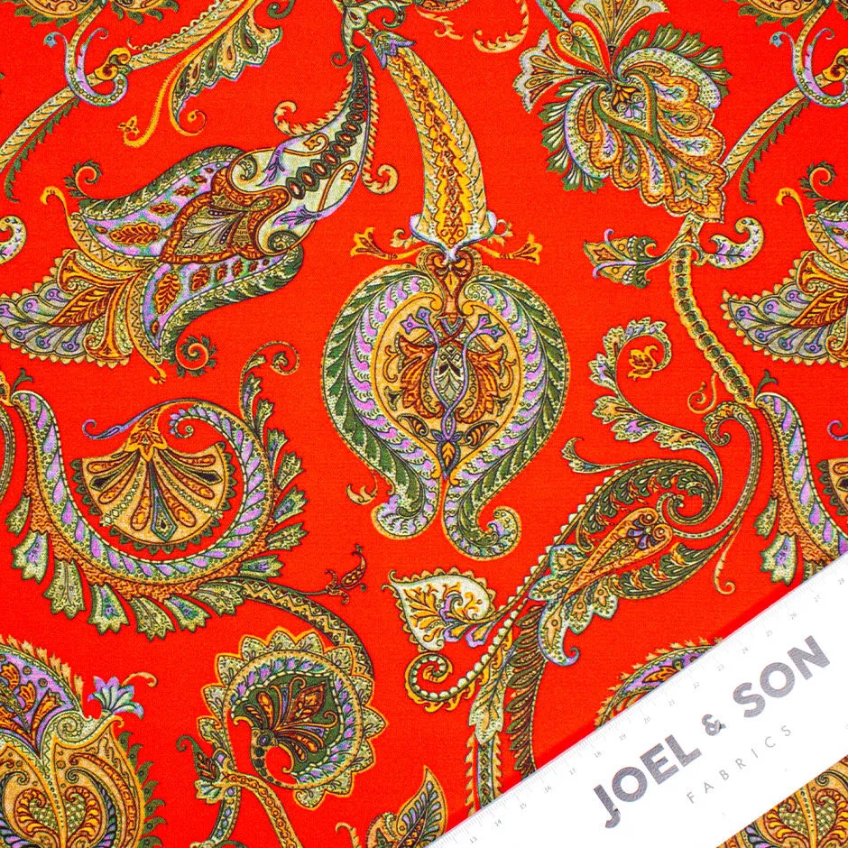 Multi-Coloured Paisley Red Stretch Silk Crêpe