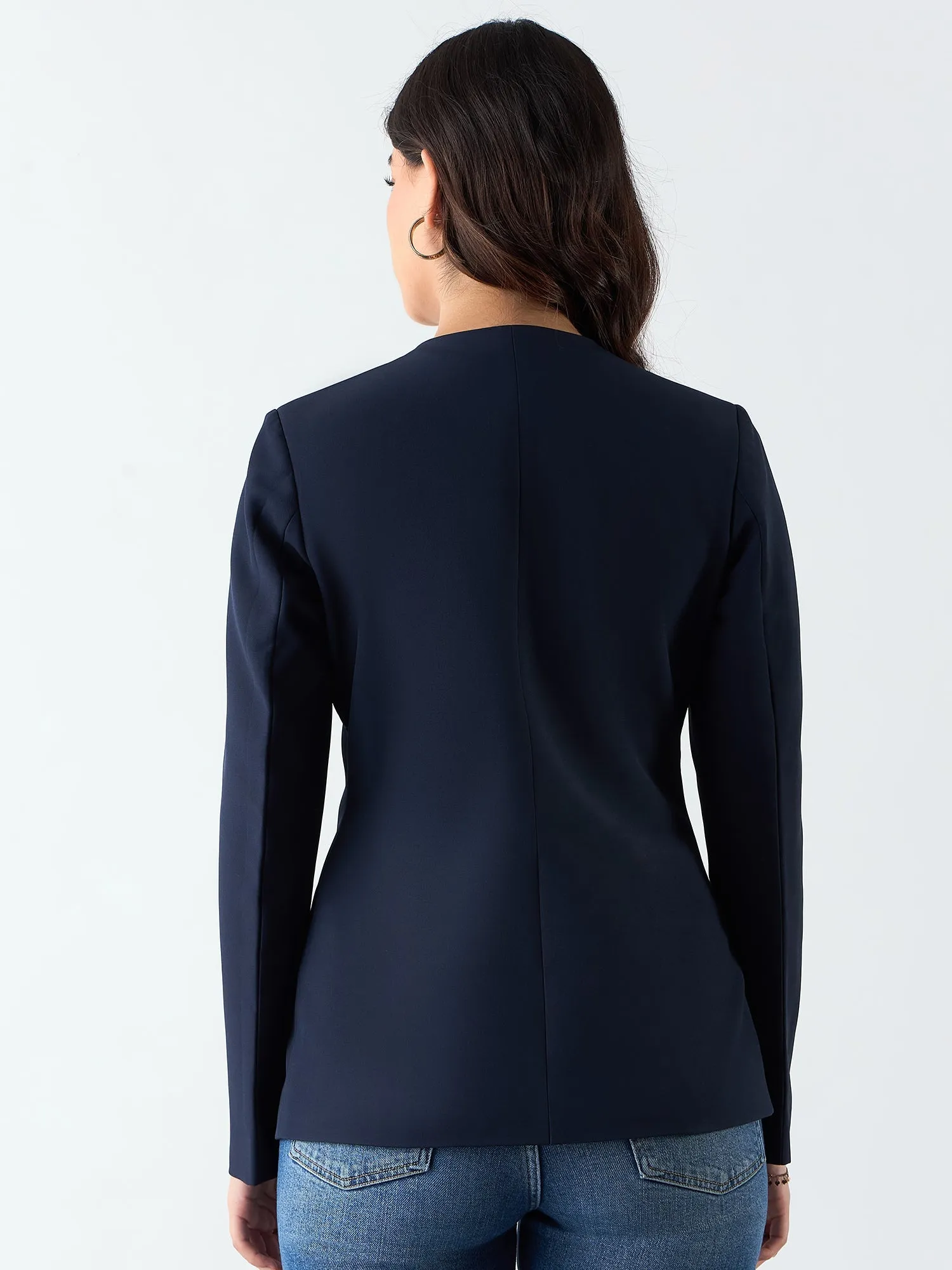 Navy Blue Poly Viscose Minimalist Regular Fit Blazer