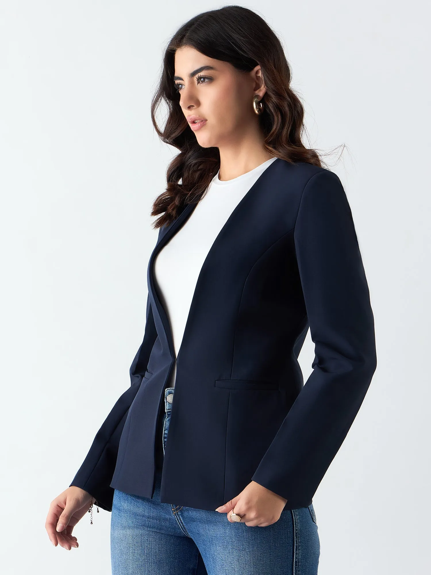 Navy Blue Poly Viscose Minimalist Regular Fit Blazer