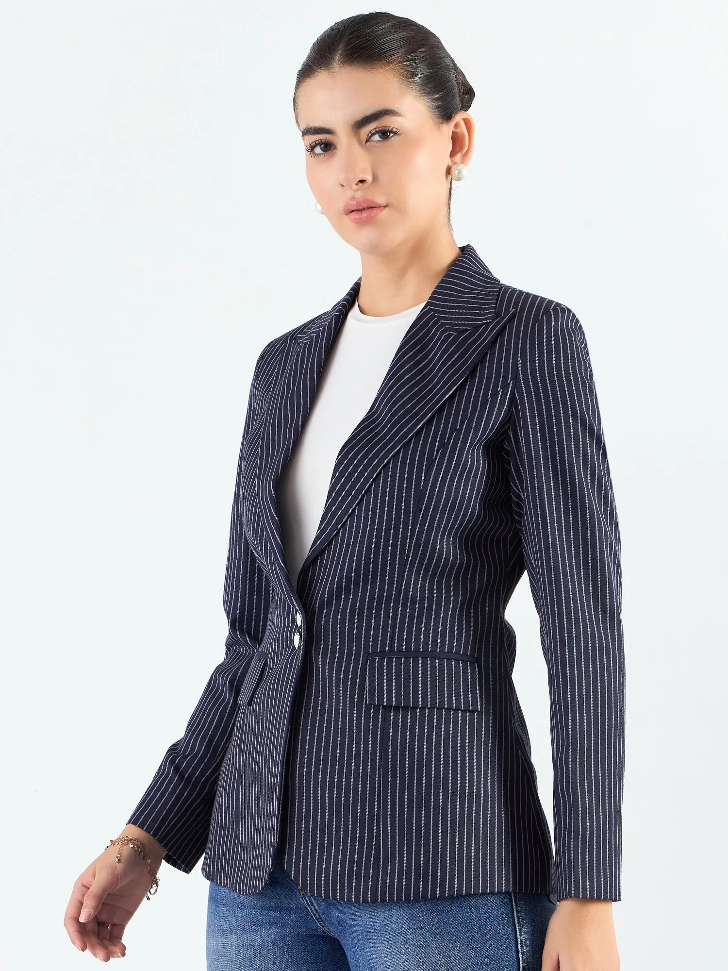 Navy Blue Polyester Striped Structured Notched Lapel Blazer