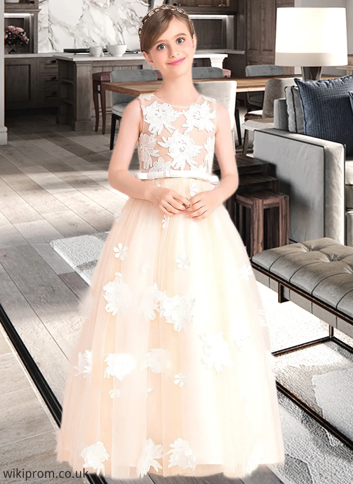 Nevaeh Ball-Gown/Princess Scoop Neck Floor-Length Tulle Junior Bridesmaid Dress With Flower(s) Bow(s) SWKP0013534