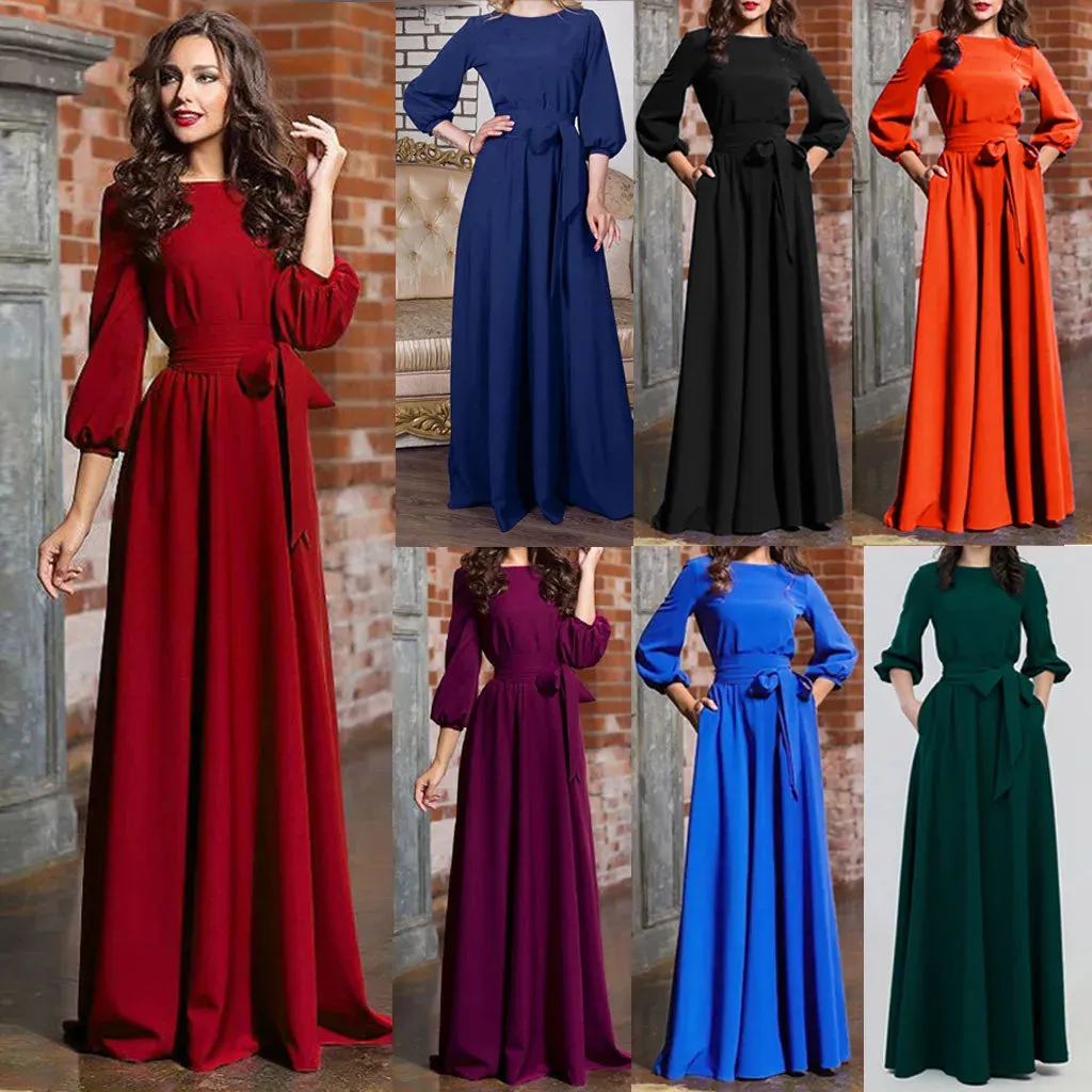 New Vintage Bandage Maxi Dress Women Lantern Sleeve Long Party Dresses