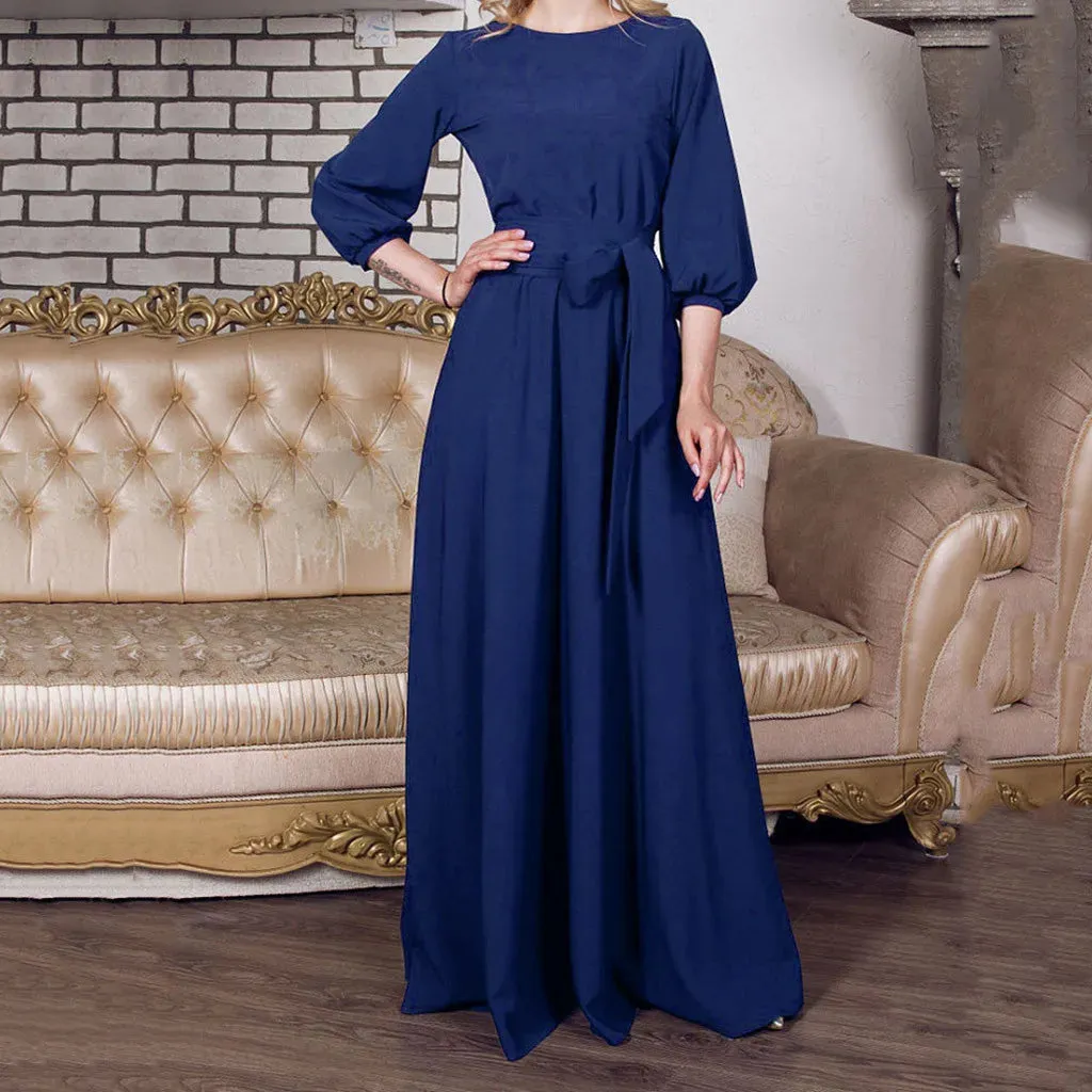 New Vintage Bandage Maxi Dress Women Lantern Sleeve Long Party Dresses