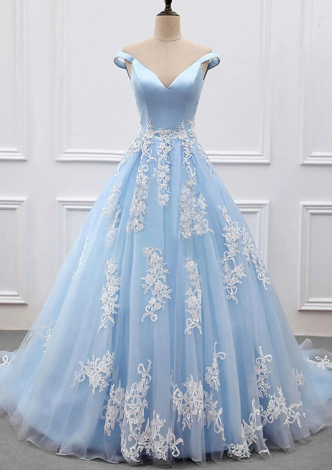 Off Shoulder V Neck Ball Gown Court Sky Blue Satin Tulle Prom Dress, Lace