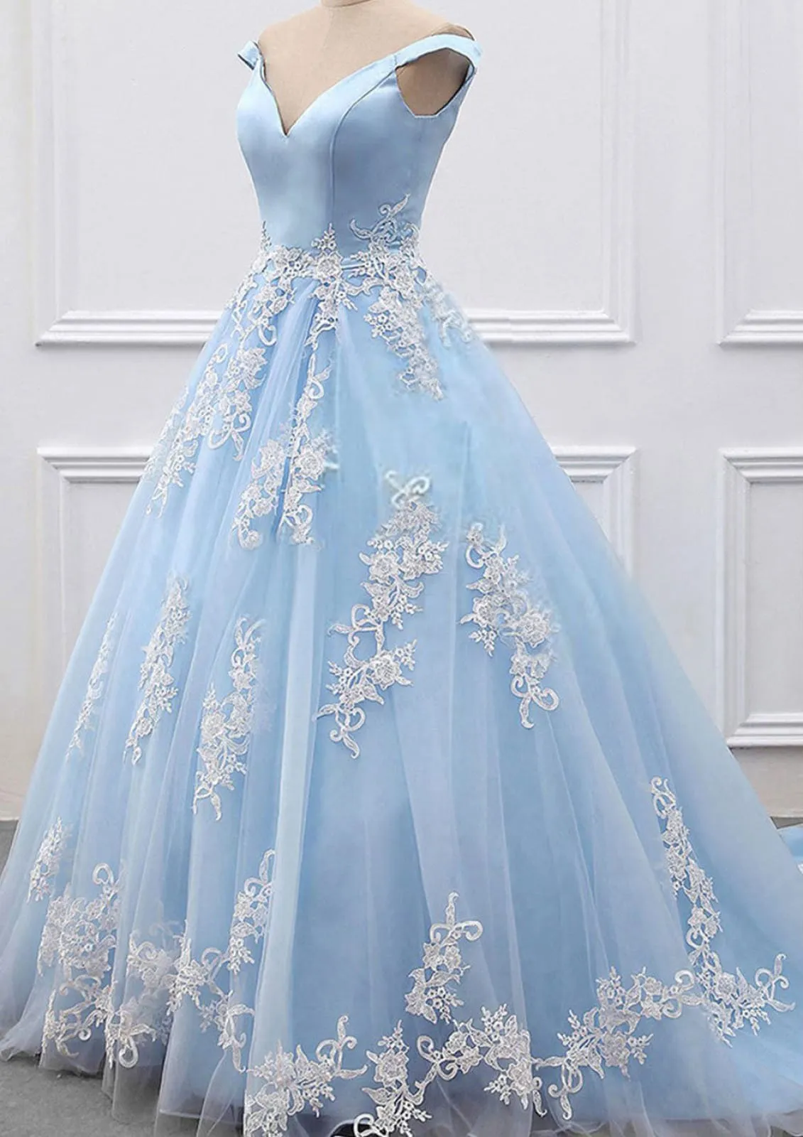 Off Shoulder V Neck Ball Gown Court Sky Blue Satin Tulle Prom Dress, Lace