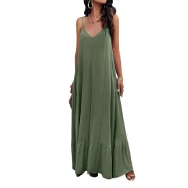 Olive Green Elegant Spring Maxi Dress with Spaghetti Straps