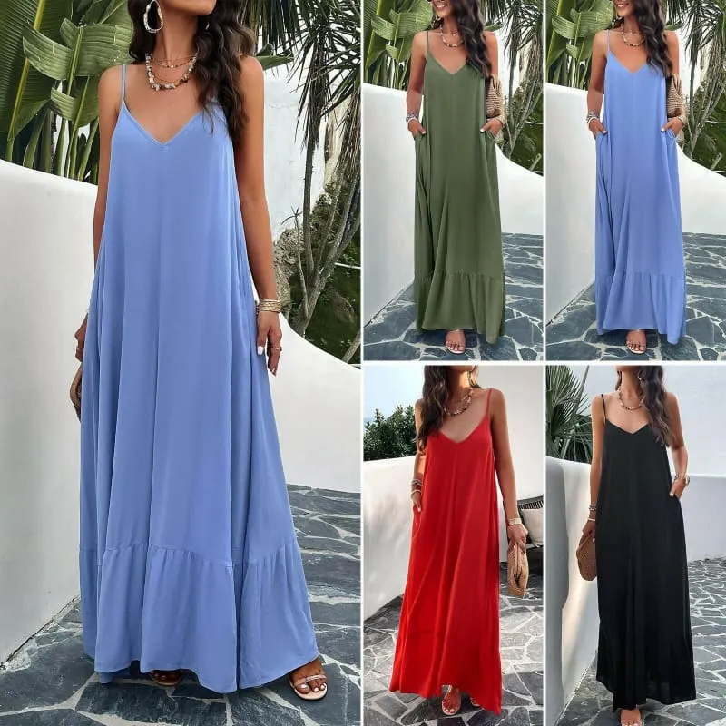 Olive Green Elegant Spring Maxi Dress with Spaghetti Straps