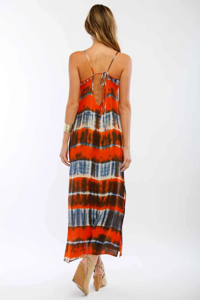 Orange Tie Dye Open Back Cut Out Womens Maxi Dress with Slits