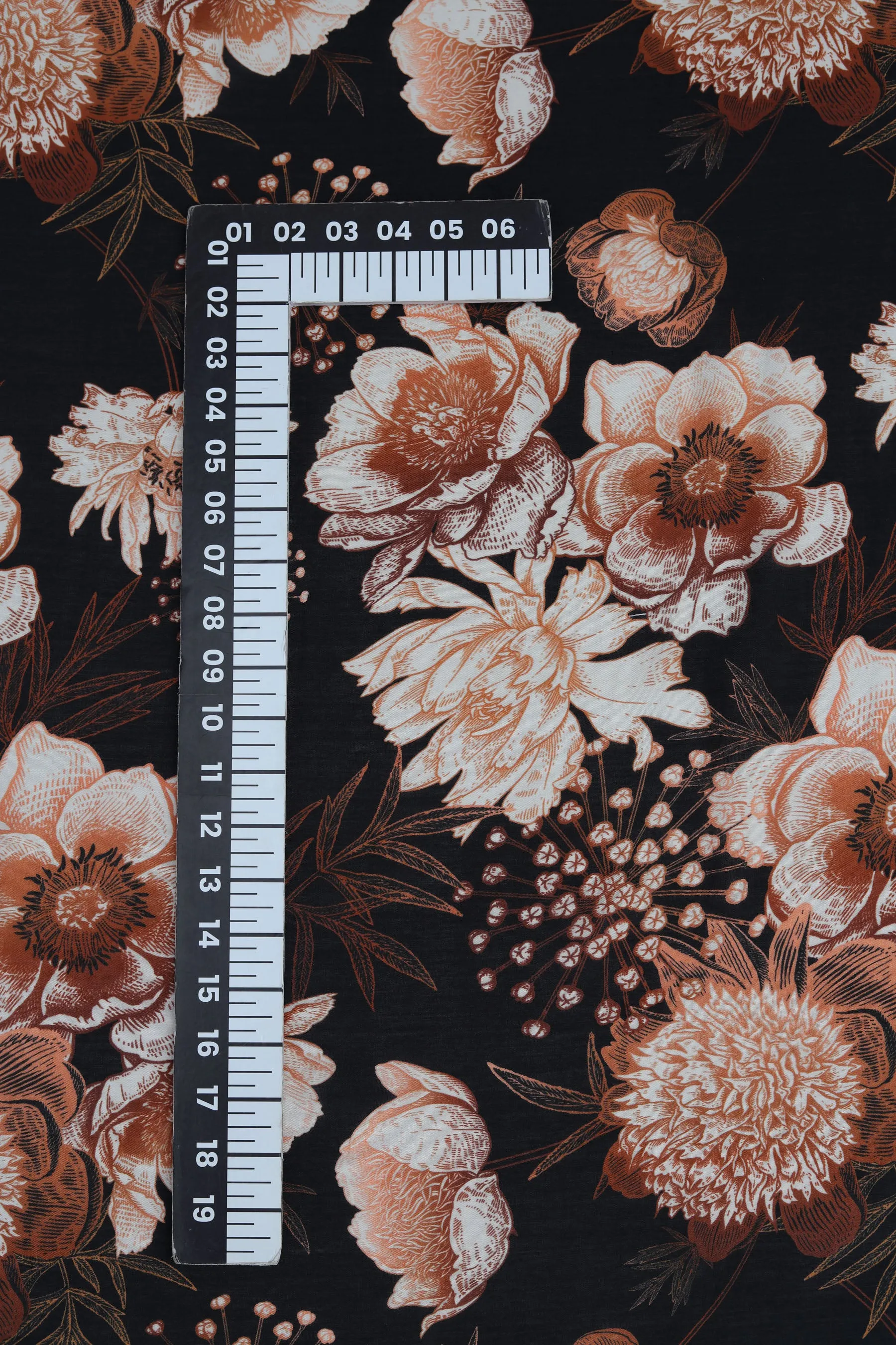 Ornate Copper Floral Pattern Printed Natural Muslin Silk Fabric