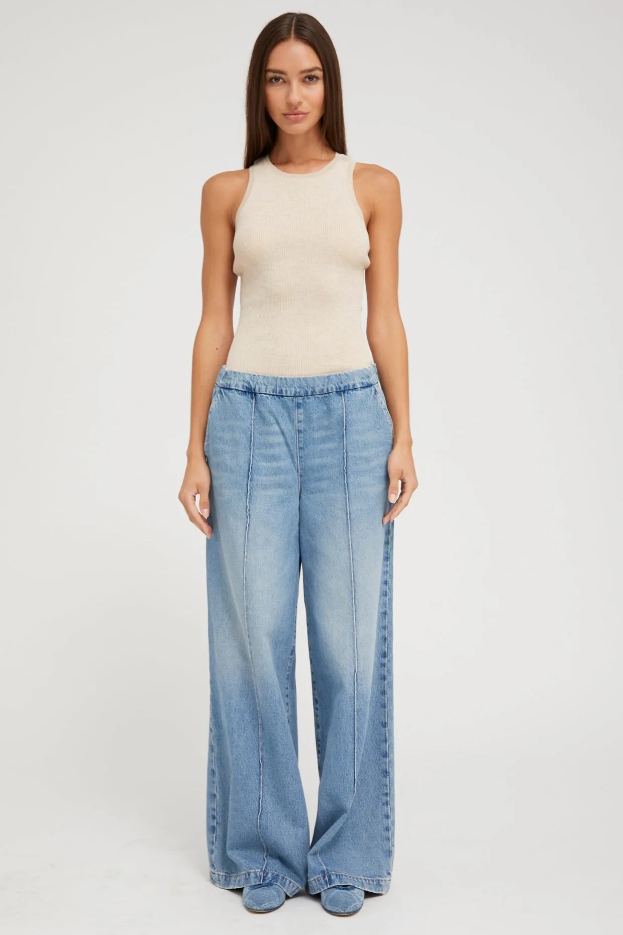 Paradis Denim Wide Leg Pintuck Pants