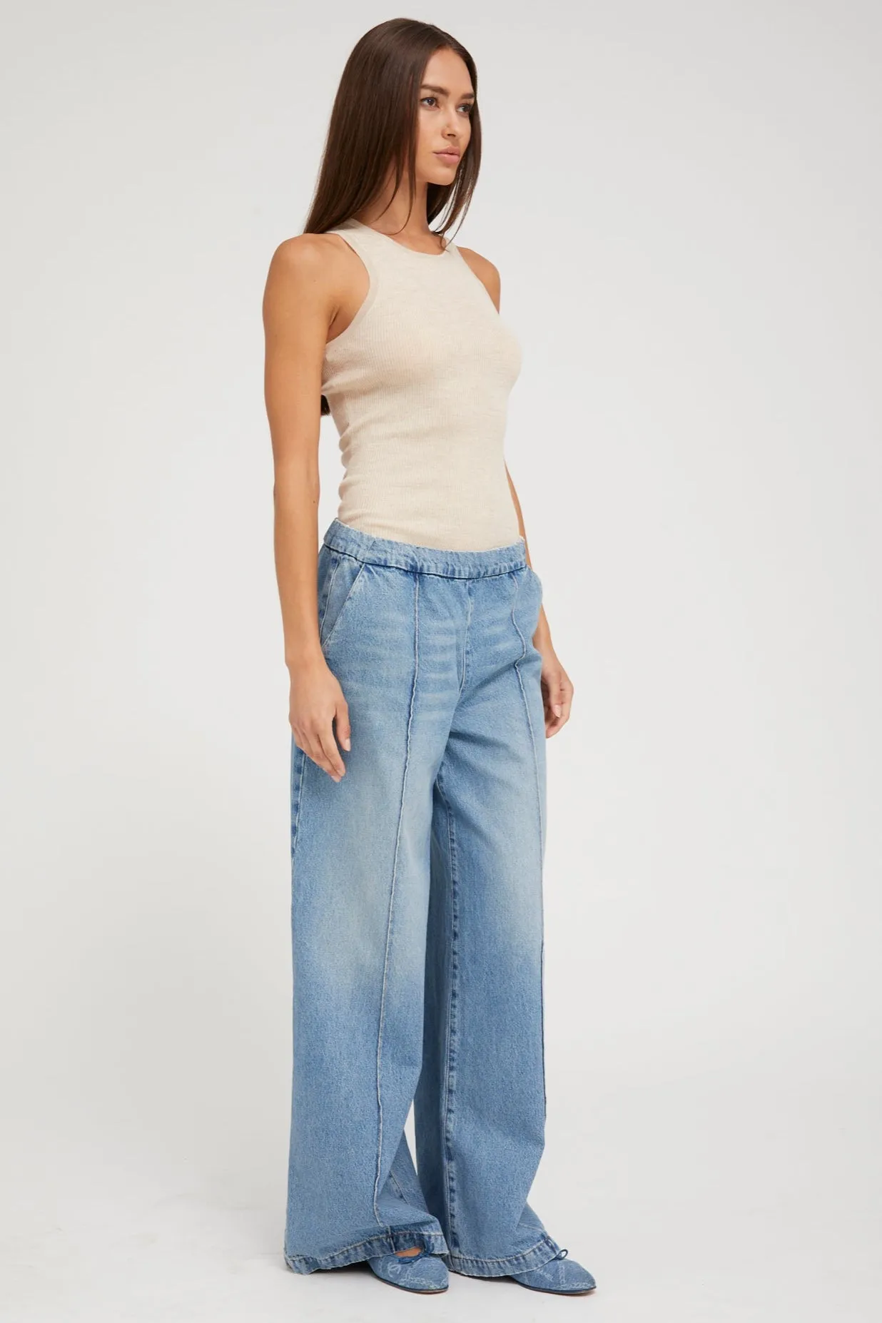 Paradis Denim Wide Leg Pintuck Pants