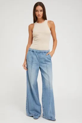 Paradis Denim Wide Leg Pintuck Pants