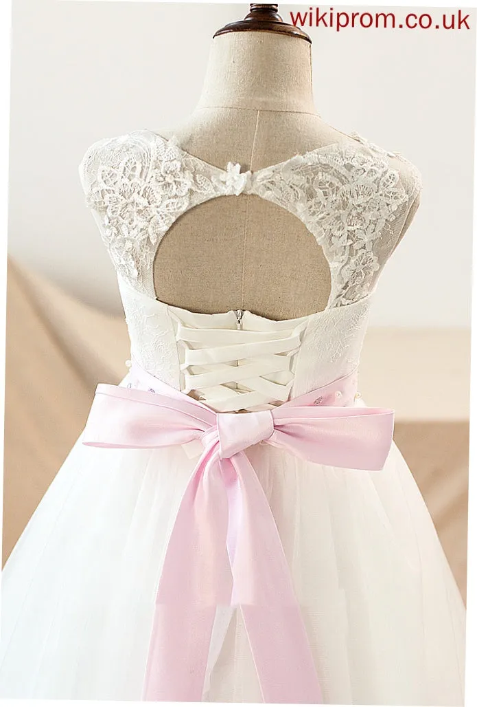 (Petticoat Sash/Beading/Appliques/Bow(s) Dress Tulle/Lace - With Flower Girl Dresses Tamia Neck Girl included) Flower Floor-length NOT Scoop Ball-Gown/Princess Sleeveless