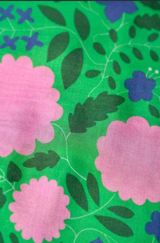 Pink Big Flower Pattern With Green Background Natural Muslin Silk Fabric