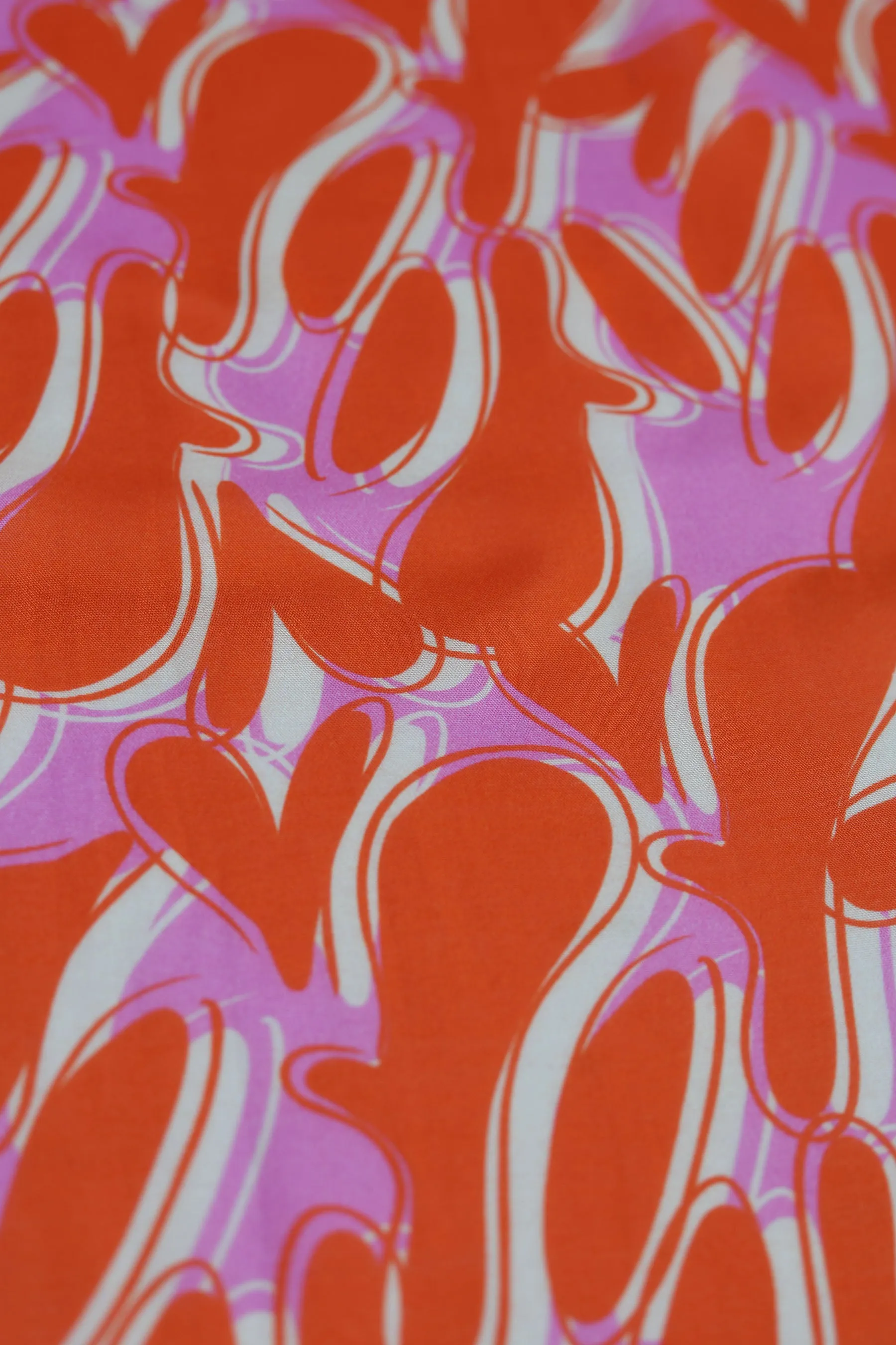 Pink Orange All Over Heart Abstract Pattern Printed Natural Muslin Silk Fabric