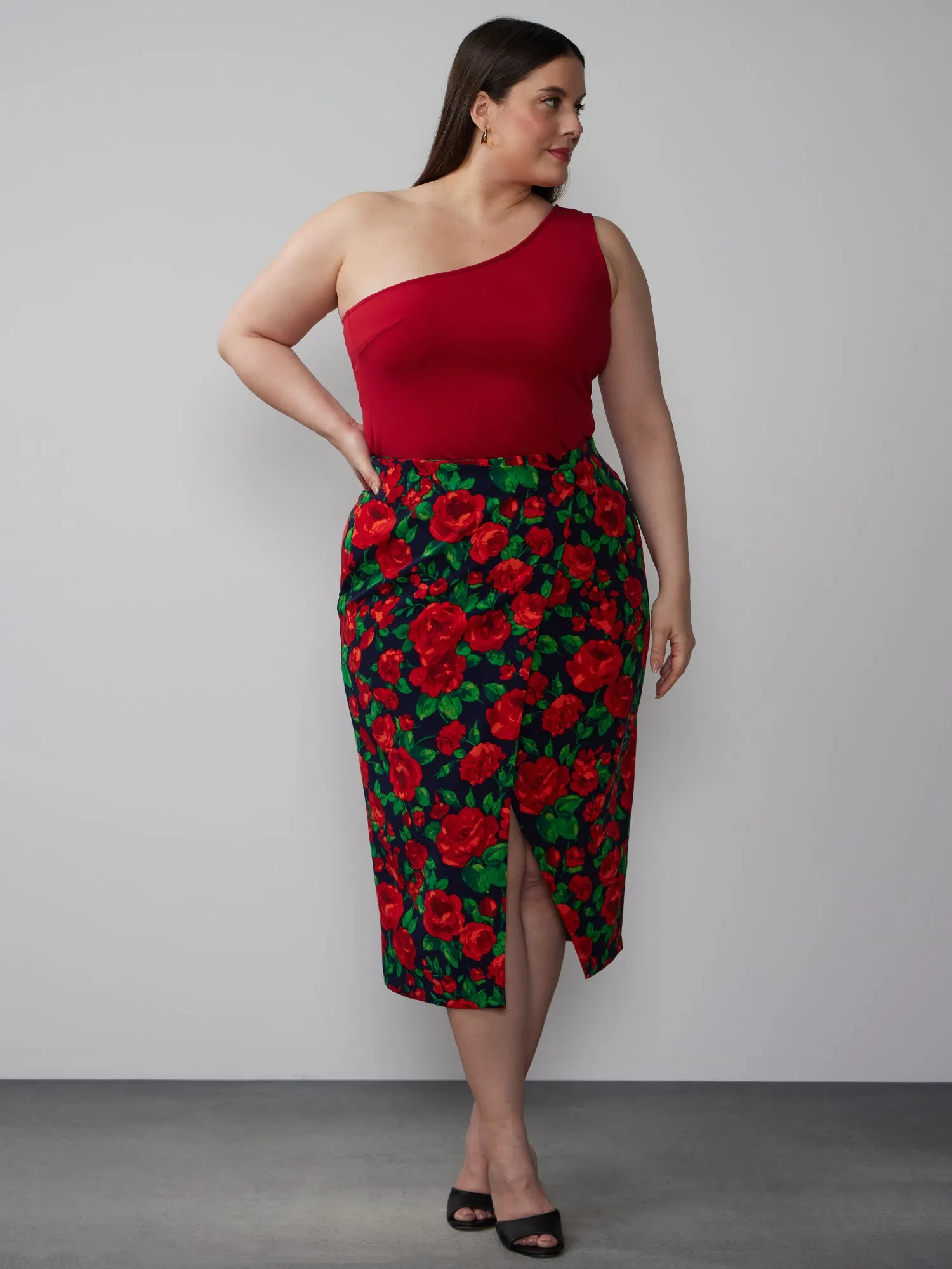 Plus Floral Wrap Midi Skirt