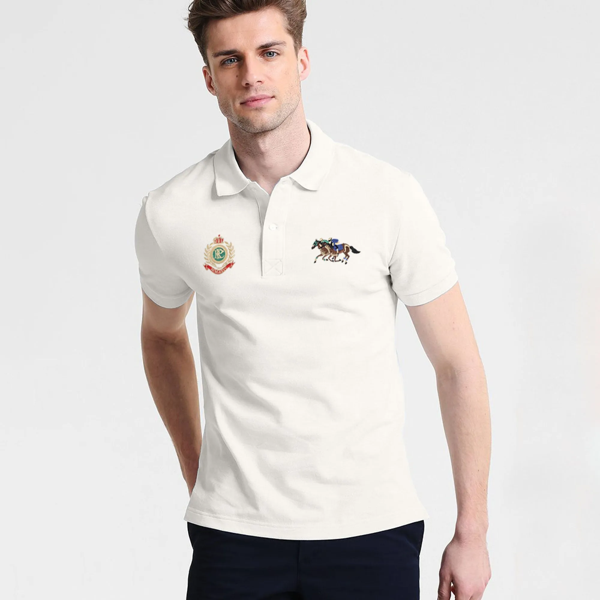 Polo Republica Men's Double Horse Rider & PRC Crest Embroidered Short Sleeve Polo Shirt