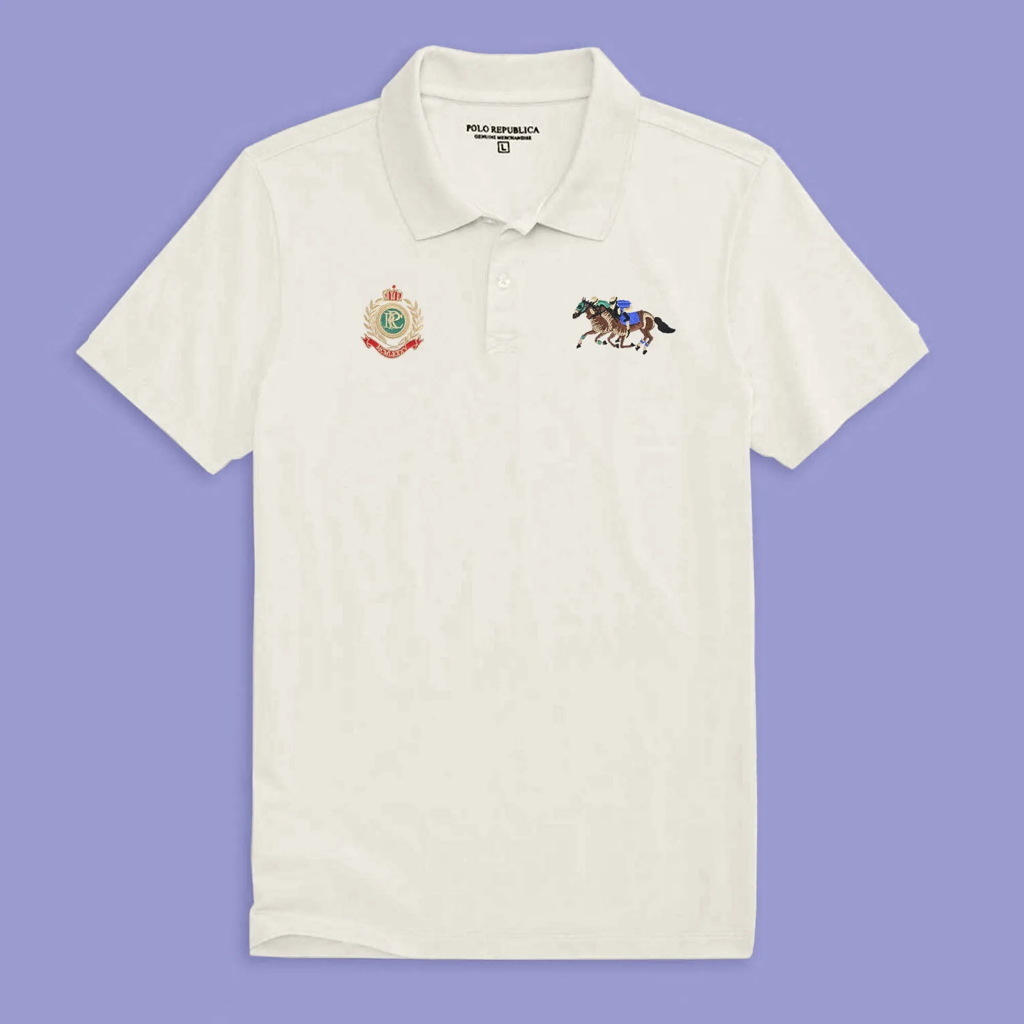 Polo Republica Men's Double Horse Rider & PRC Crest Embroidered Short Sleeve Polo Shirt