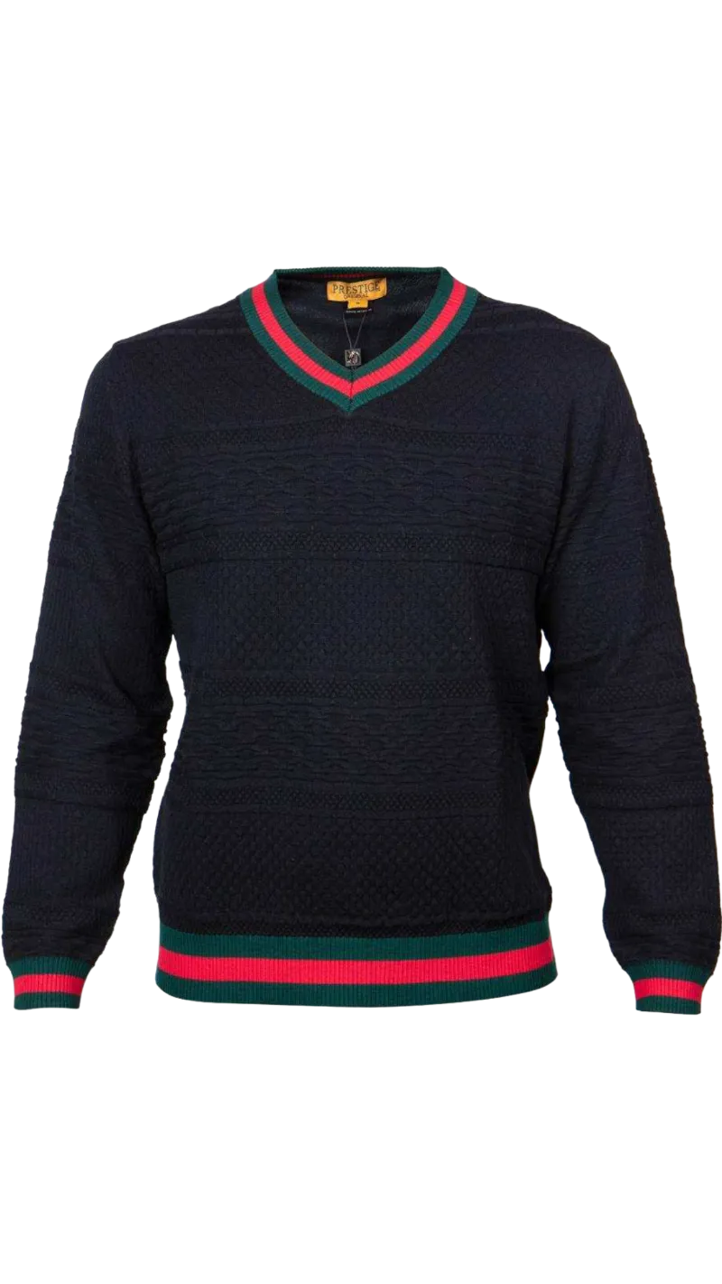 Prestige Men's Black Fancy Style V-neck Sweater Green and Red Stripes