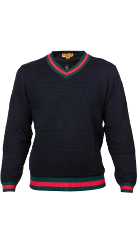 Prestige Men's Black Fancy Style V-neck Sweater Green and Red Stripes