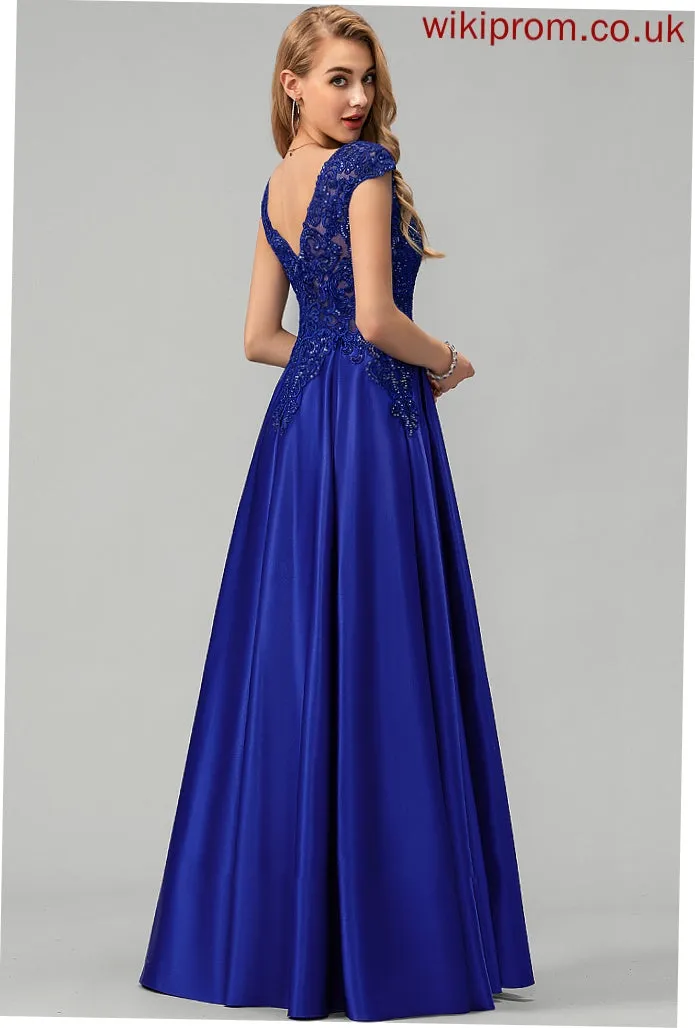 Prom Dresses Sequins Lace With Zoe V-neck Floor-Length Satin Ball-Gown/Princess