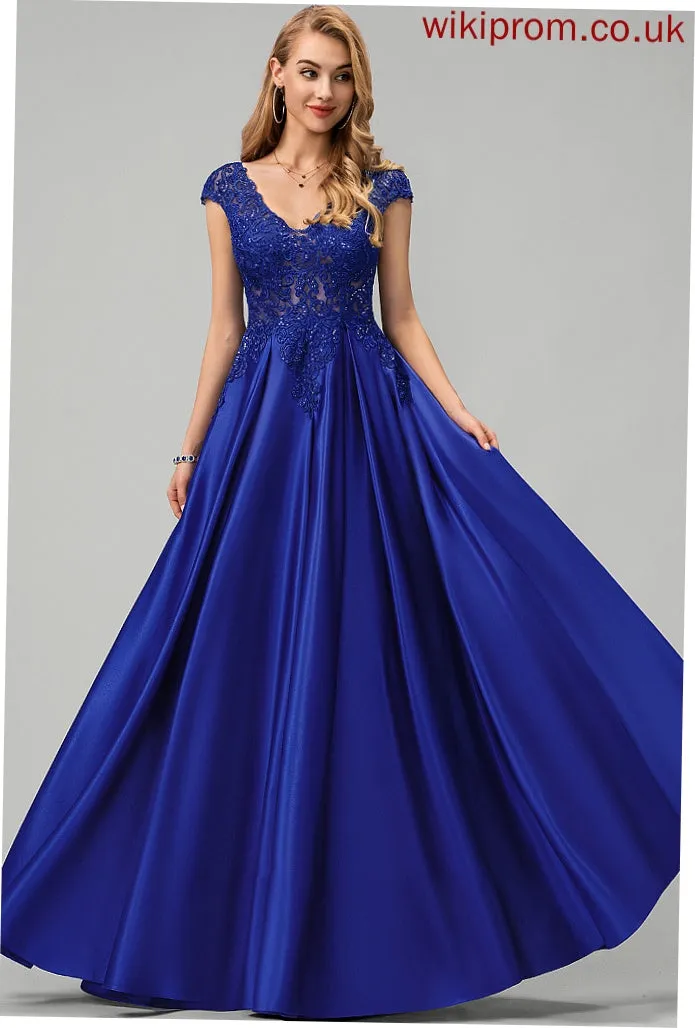 Prom Dresses Sequins Lace With Zoe V-neck Floor-Length Satin Ball-Gown/Princess