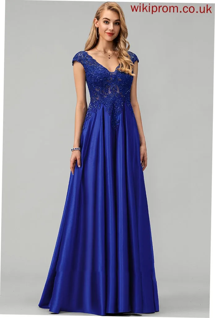 Prom Dresses Sequins Lace With Zoe V-neck Floor-Length Satin Ball-Gown/Princess