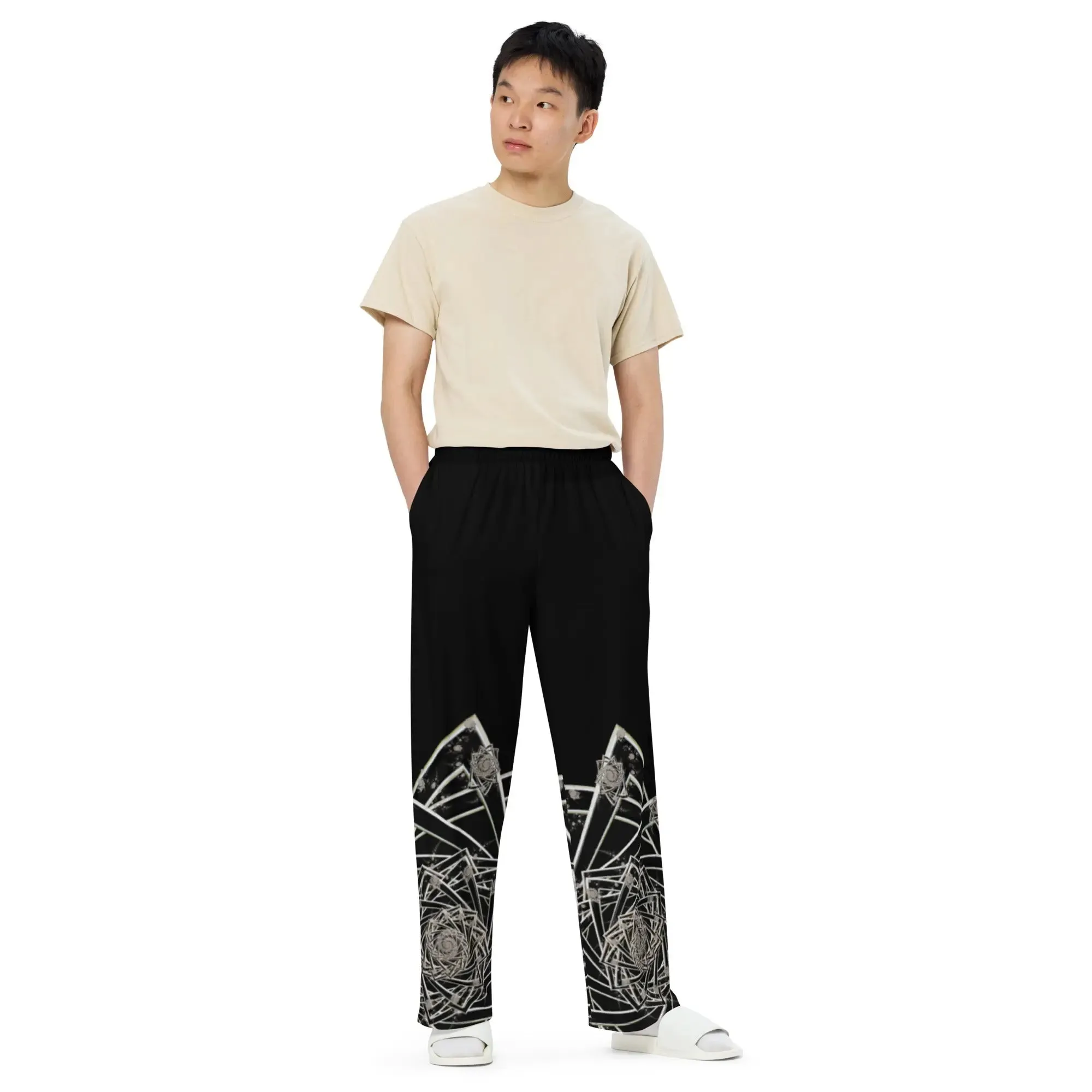 "Black Topological Rose" Collection - All Over Print Unisex Wide Leg Pants