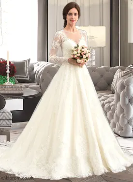 Raina Ball-Gown/Princess Illusion Court Train Tulle Lace Wedding Dress SWKP0013750