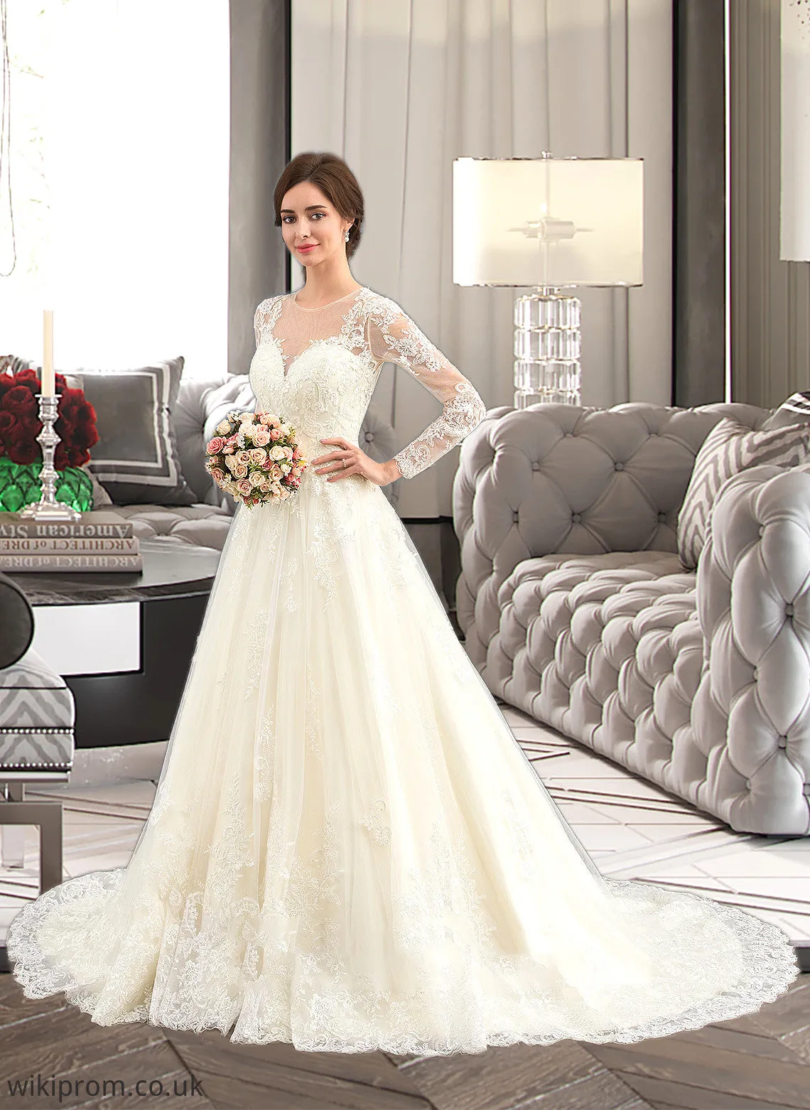 Raina Ball-Gown/Princess Illusion Court Train Tulle Lace Wedding Dress SWKP0013750