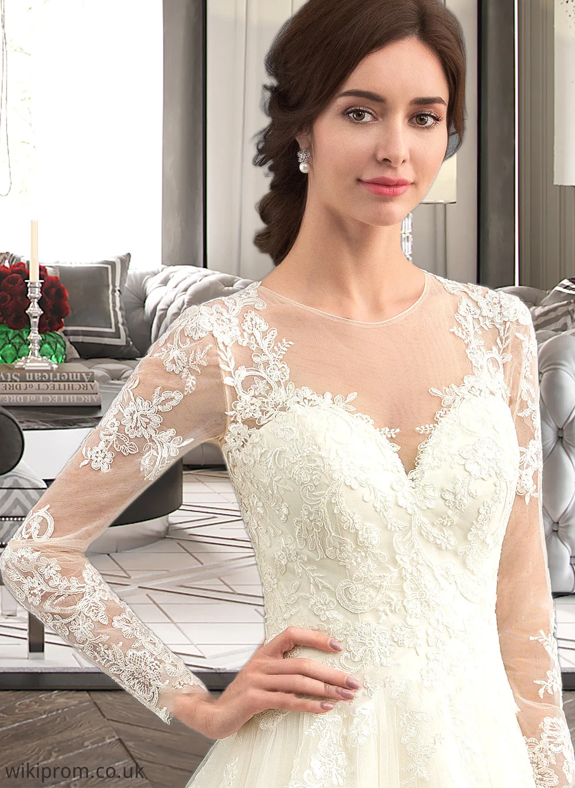 Raina Ball-Gown/Princess Illusion Court Train Tulle Lace Wedding Dress SWKP0013750