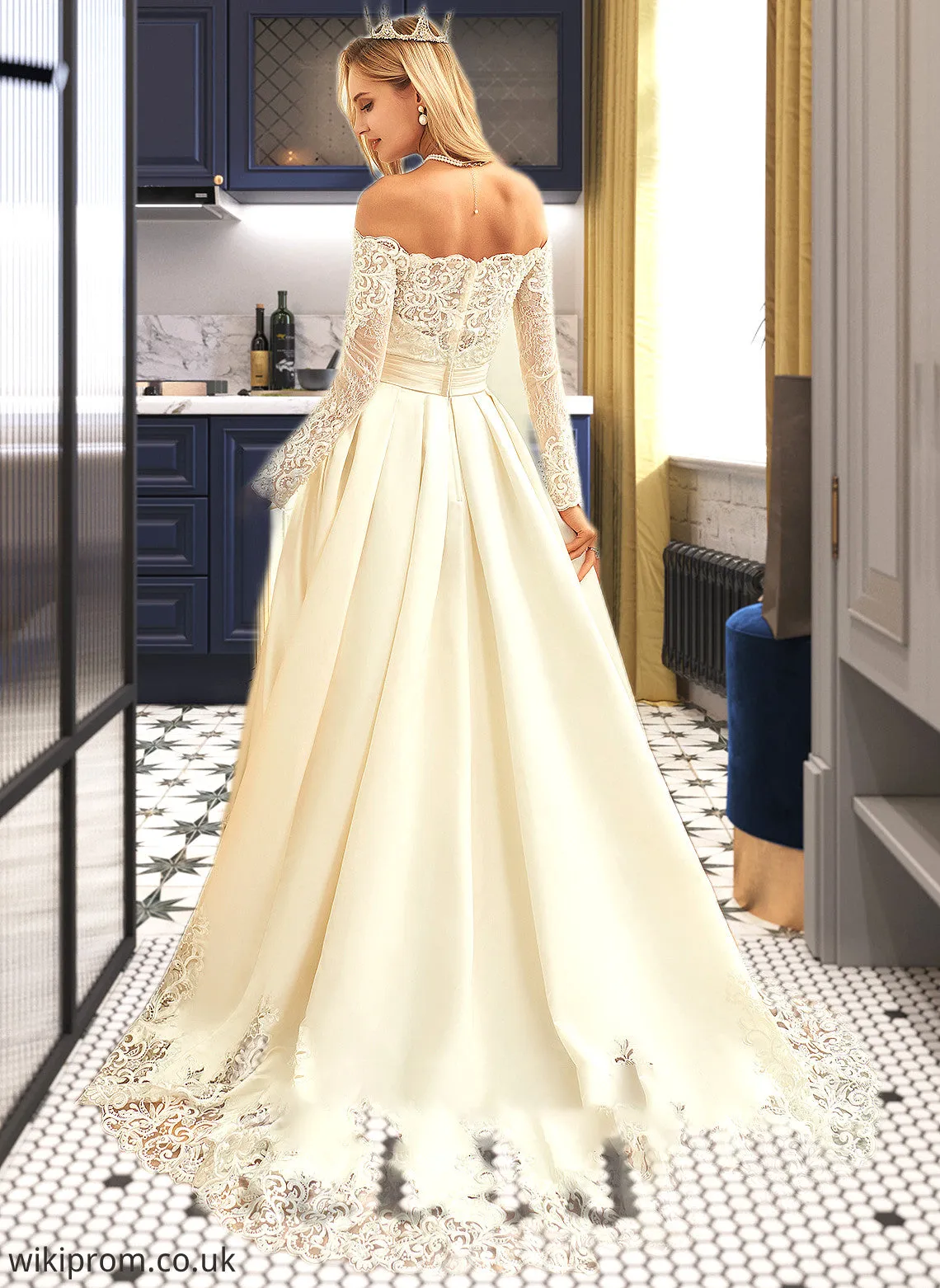 Raven Ball-Gown/Princess Sweep Train Satin Wedding Dress With Beading Sequins SWKP0013768