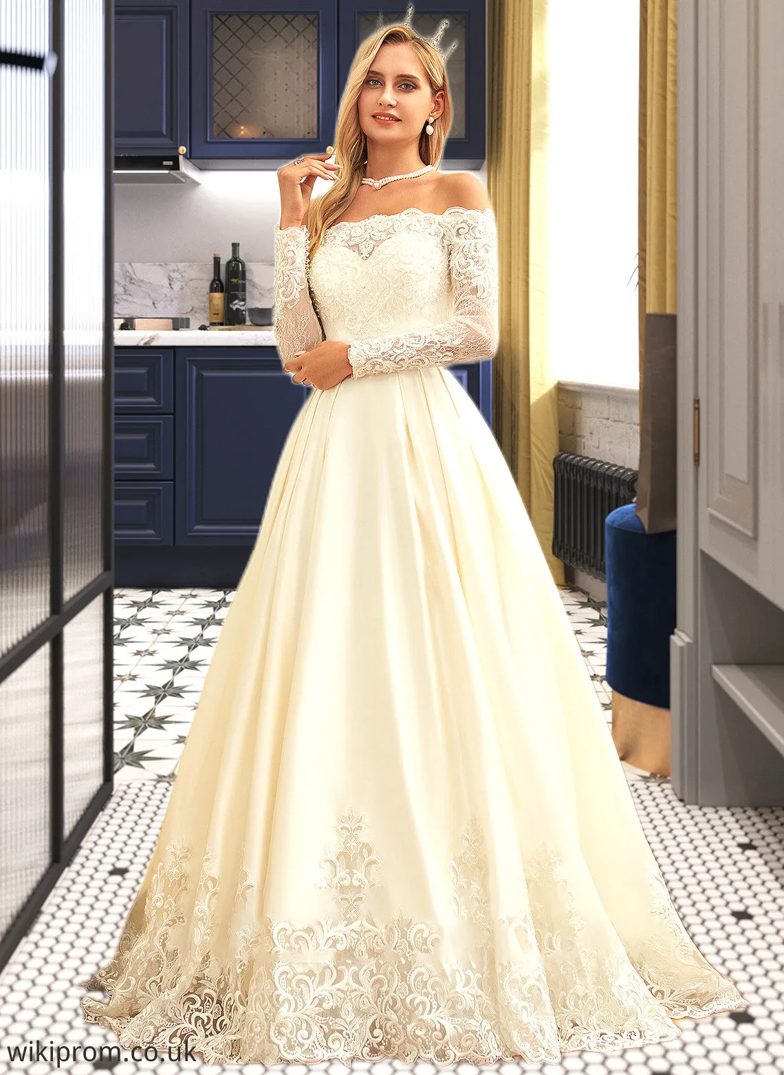 Raven Ball-Gown/Princess Sweep Train Satin Wedding Dress With Beading Sequins SWKP0013768