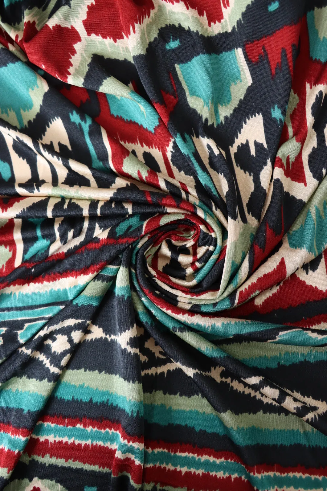 Red & Teal Geometric Stripe 100% Silk Jersey