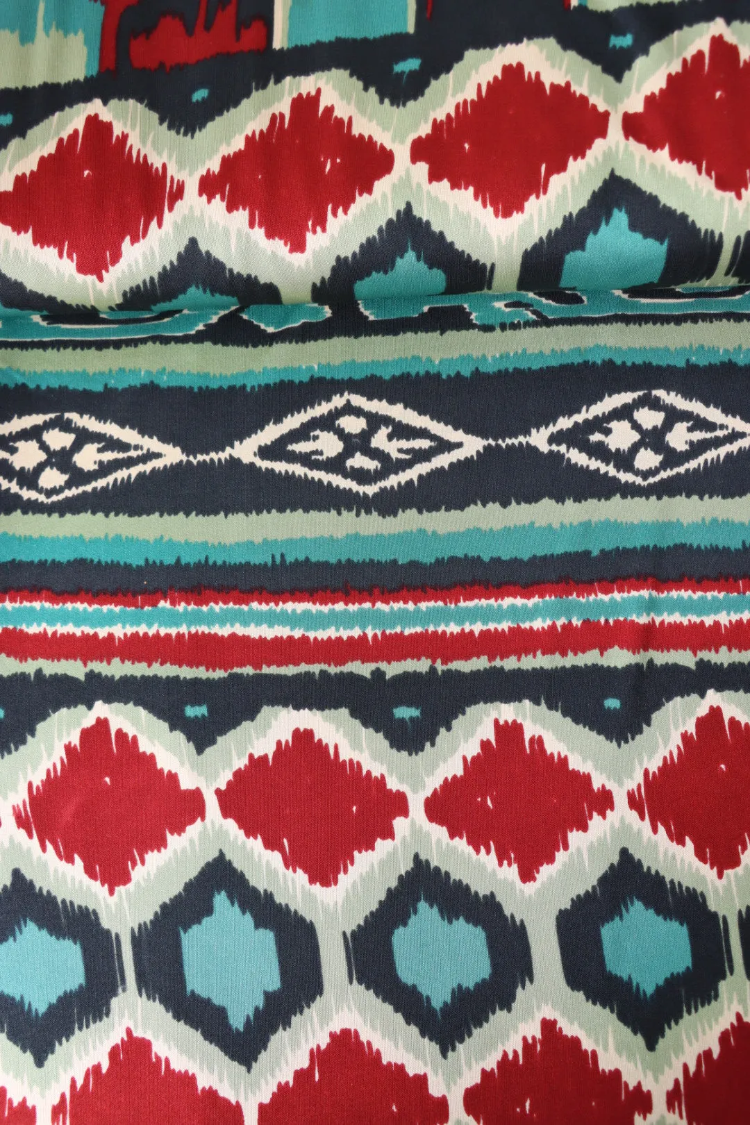 Red & Teal Geometric Stripe 100% Silk Jersey