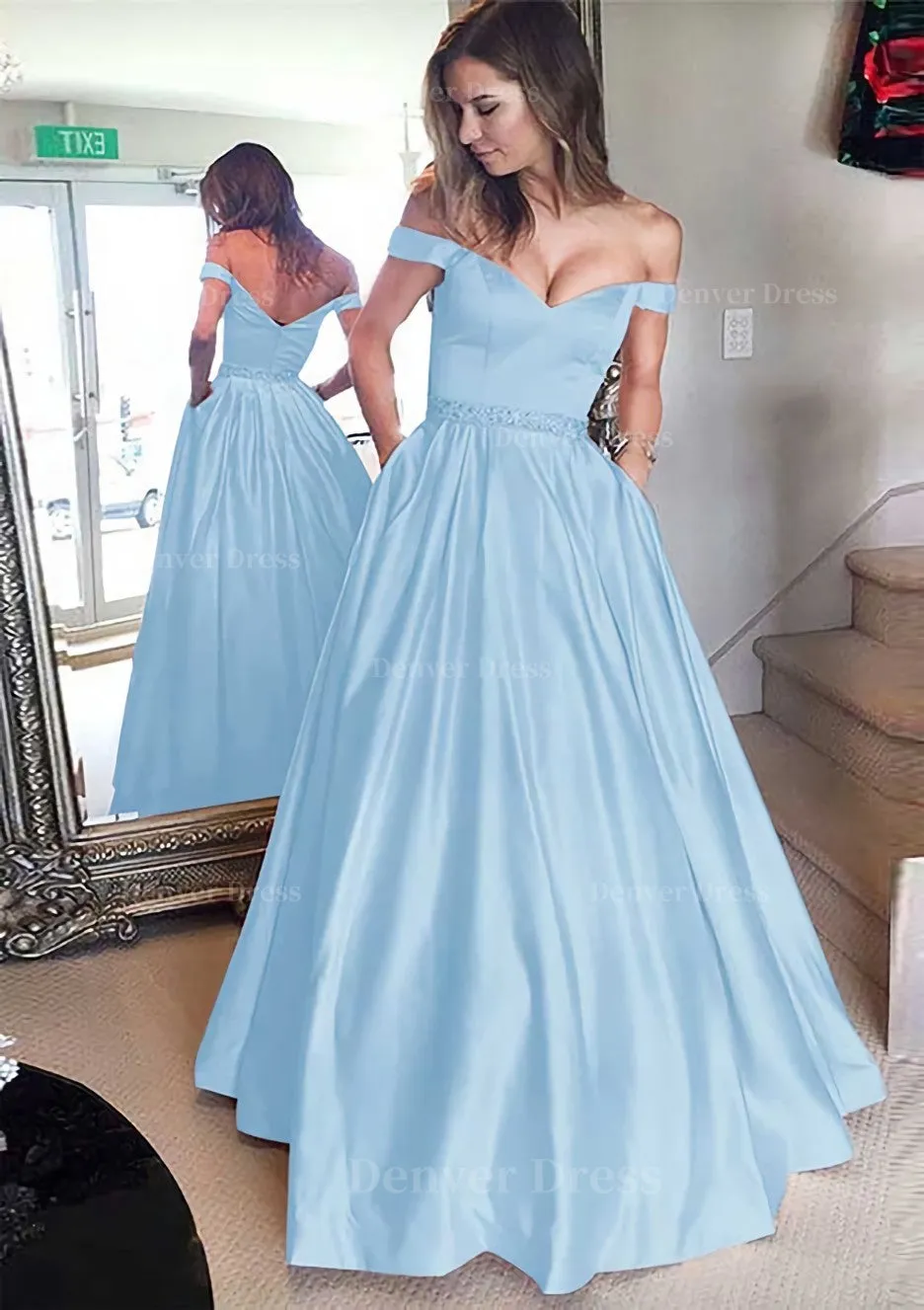 Satin Prom Dress A-Line/Princess Off-The-Shoulder Long/Floor-Length With Beaded