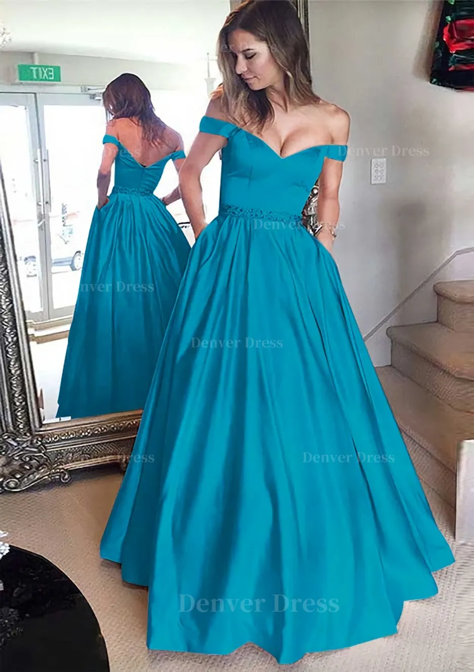 Satin Prom Dress A-Line/Princess Off-The-Shoulder Long/Floor-Length With Beaded