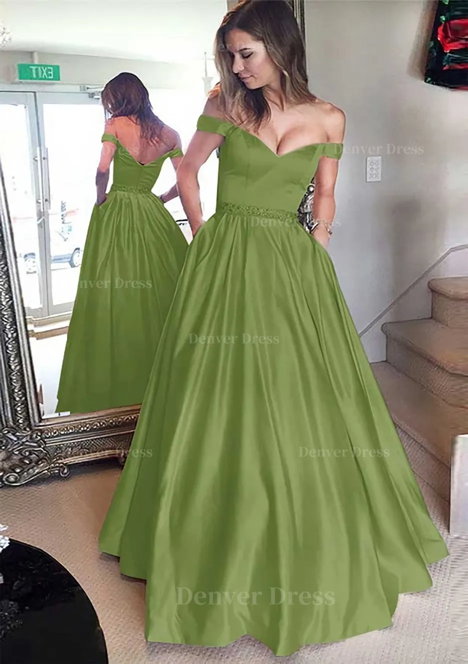 Satin Prom Dress A-Line/Princess Off-The-Shoulder Long/Floor-Length With Beaded