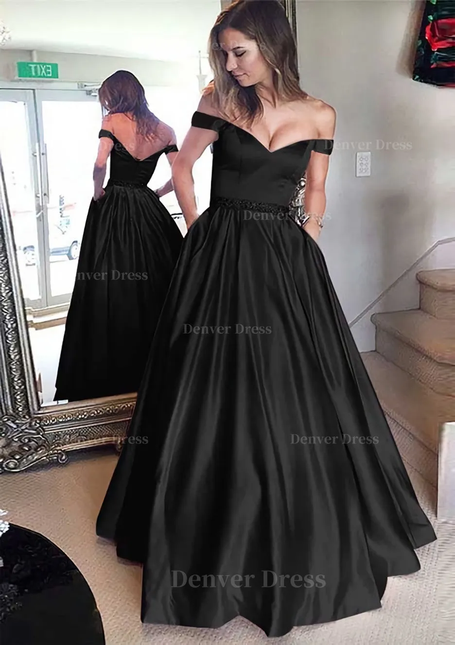 Satin Prom Dress A-Line/Princess Off-The-Shoulder Long/Floor-Length With Beaded