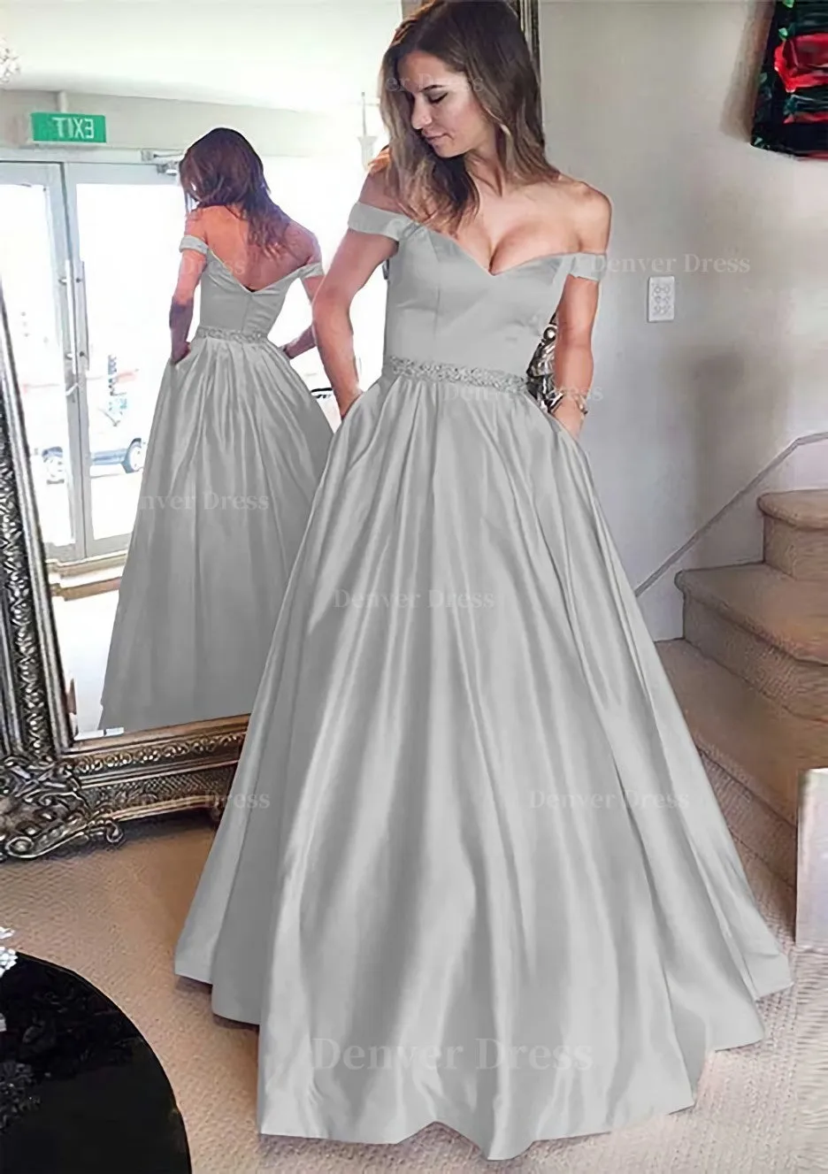 Satin Prom Dress A-Line/Princess Off-The-Shoulder Long/Floor-Length With Beaded