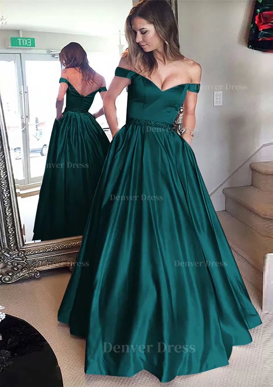 Satin Prom Dress A-Line/Princess Off-The-Shoulder Long/Floor-Length With Beaded