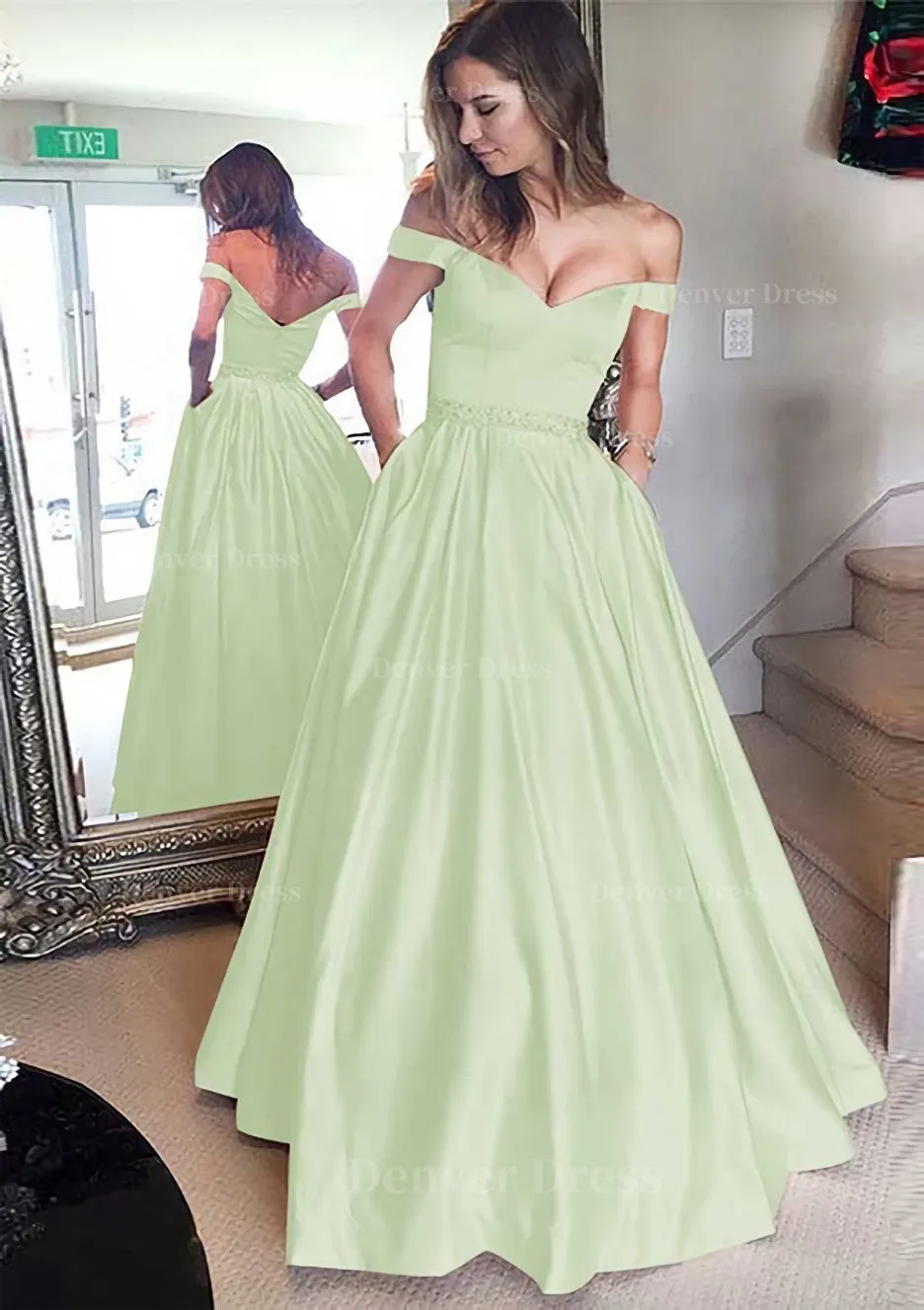 Satin Prom Dress A-Line/Princess Off-The-Shoulder Long/Floor-Length With Beaded