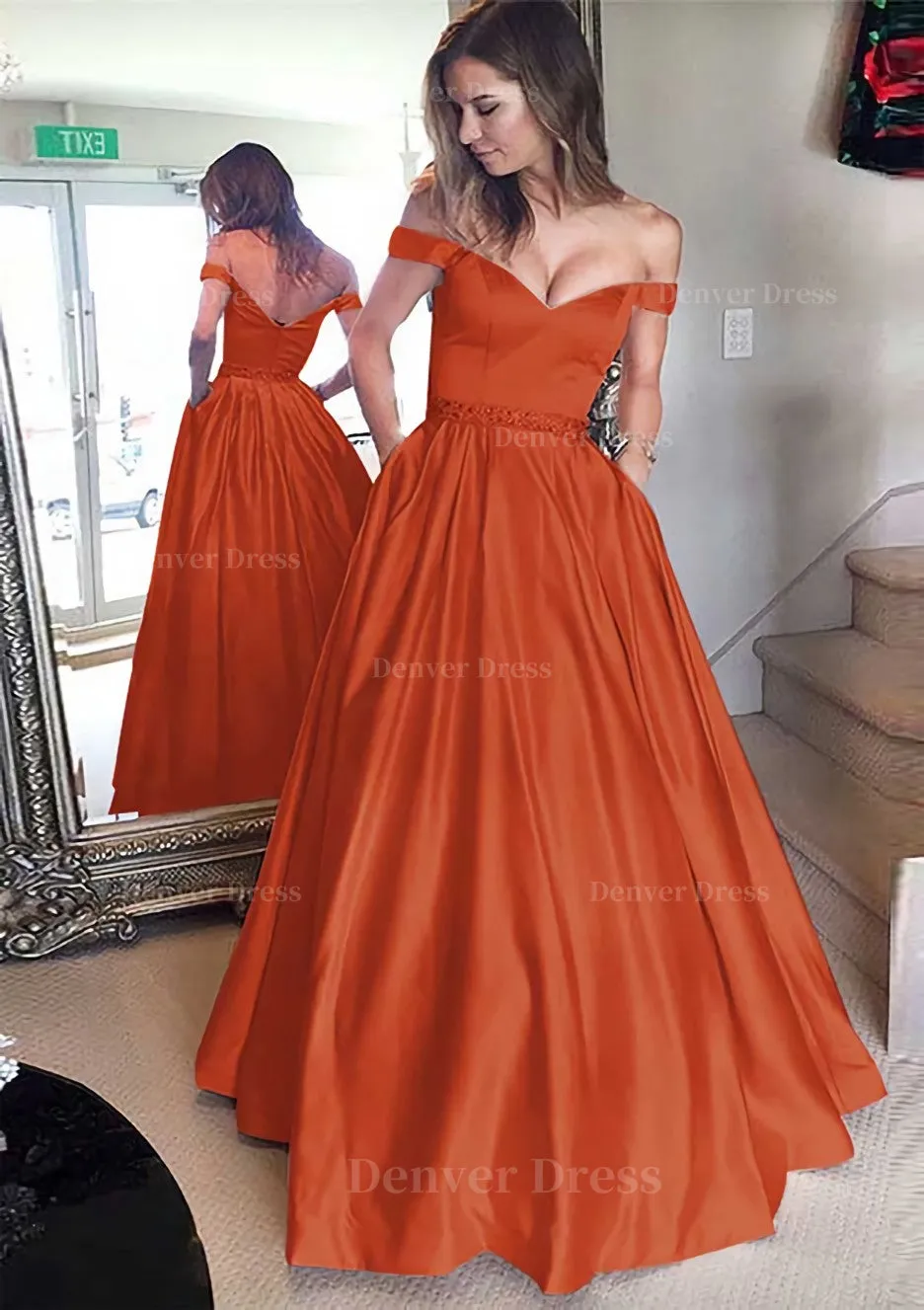 Satin Prom Dress A-Line/Princess Off-The-Shoulder Long/Floor-Length With Beaded