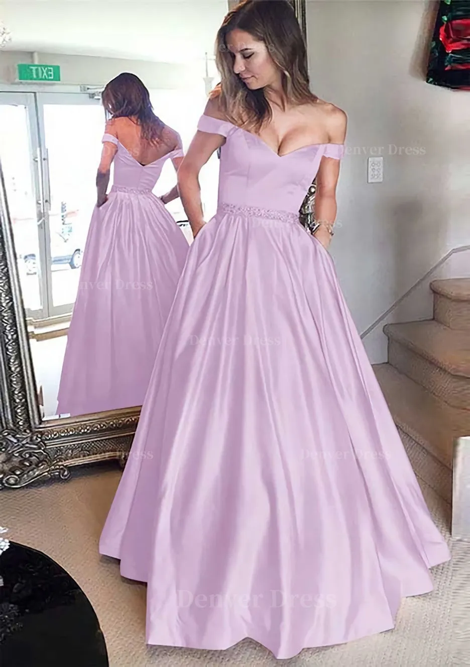 Satin Prom Dress A-Line/Princess Off-The-Shoulder Long/Floor-Length With Beaded